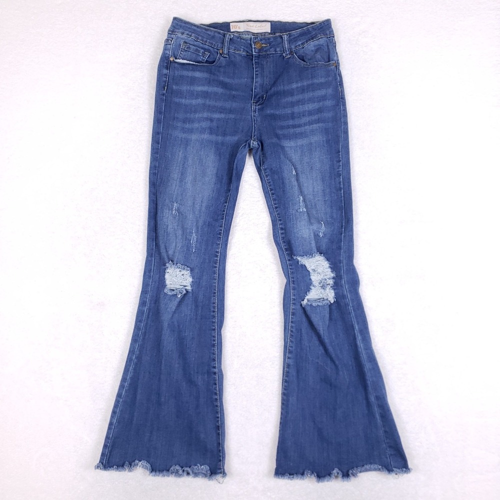 Pink Label Social Club‎ 11 Distressed Flare Jeans Blue 70s Retro High Rise Wide